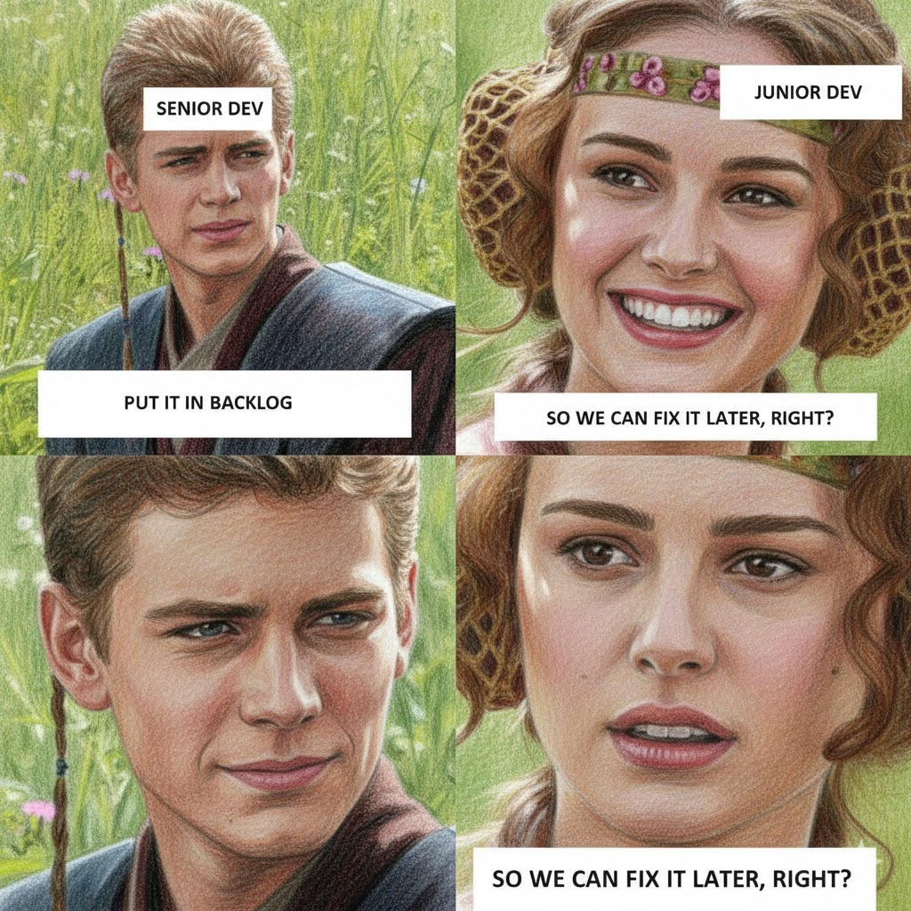 Backlog meme — Senior dev: put it in backlog; Junior dev: so we can fix it later, right?