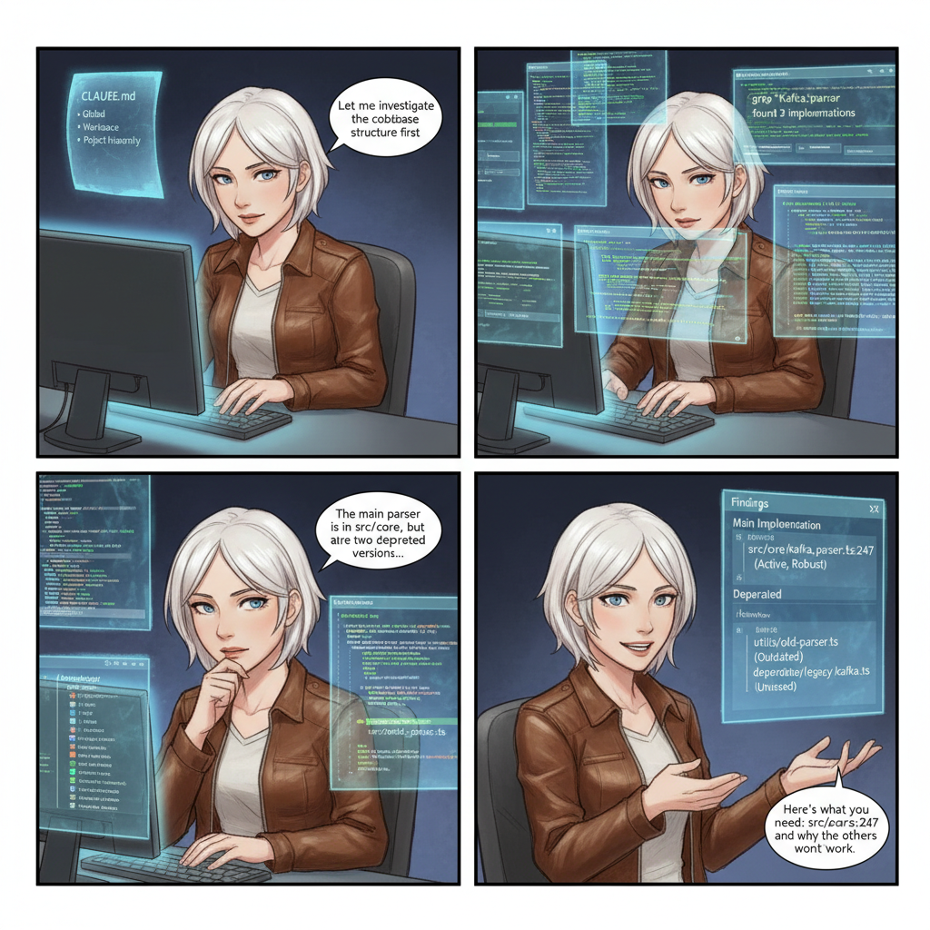 4-panel comic: Agent investigating codebase, grep search, reading code, explaining findings