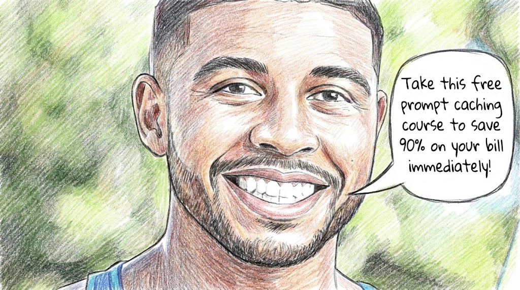 Prompt caching advocate saying 'Take this free prompt caching course to save 90% on your bill immediately!' — color pencil sketch